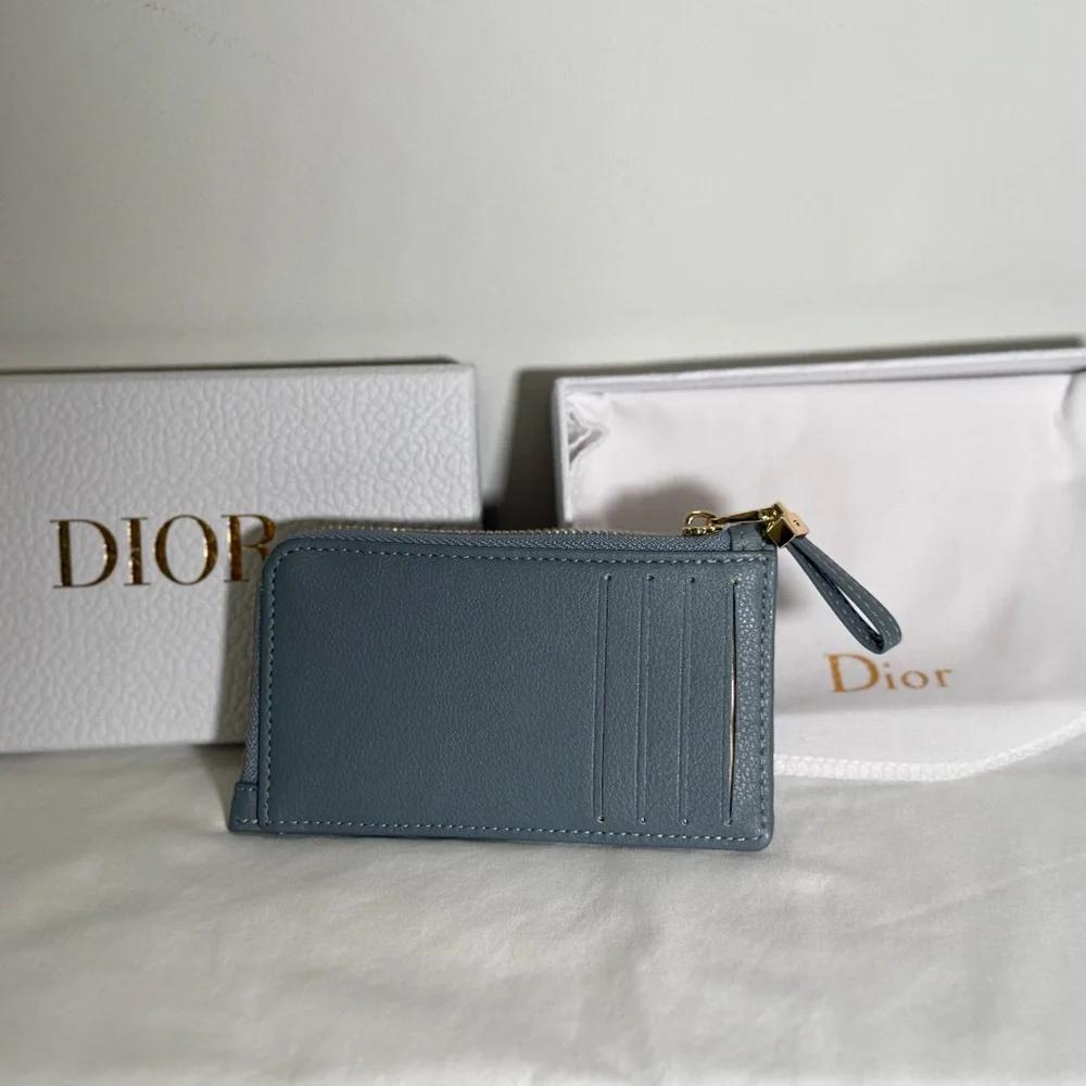 Dior Caro Zipped Card Holder Steel-Blue Calfskin